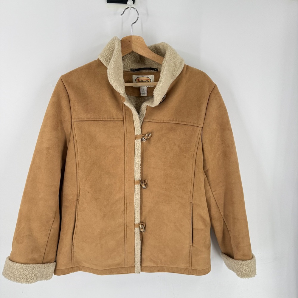 Vintage Talbots Faux Suede Sherpa Lined Jacket Large Toggle Coat Western Cozy